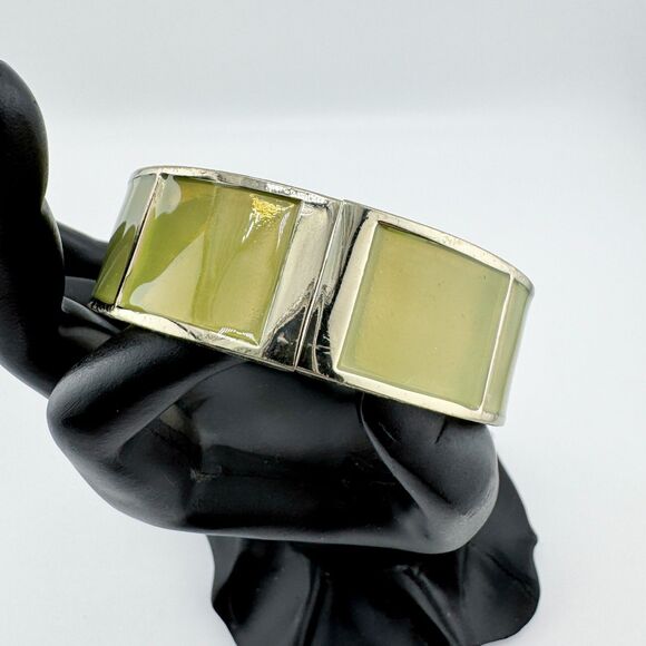 Vintage Enamel Bangle Bracelet Olive Green Silver Tone MCM Geometric Mod Retro - Picture 1 of 9